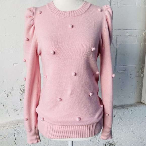 Aaron & Amber Light Pink Puff Sleeve Pom Pom Pullover Sweater (size M) - Picture 4 of 11